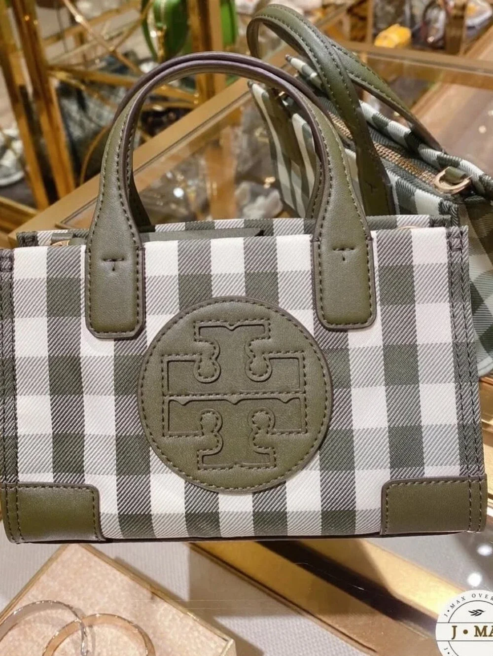 Tory Burch Ella Micro Tote in Olive Green & White Gingham